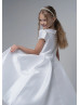 Beaded Peter Pan Collar White Satin Box Pleated Flower Girl Dress